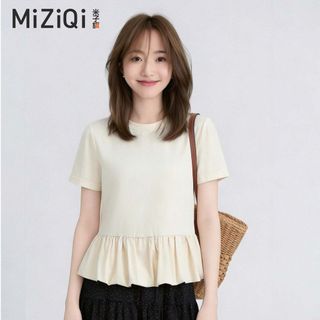 【Nên mua】áo kiểu nữ tay ngắn dáng bèo xòe màu kem, dáng rộng chất cotton mềm, áo thun nữ