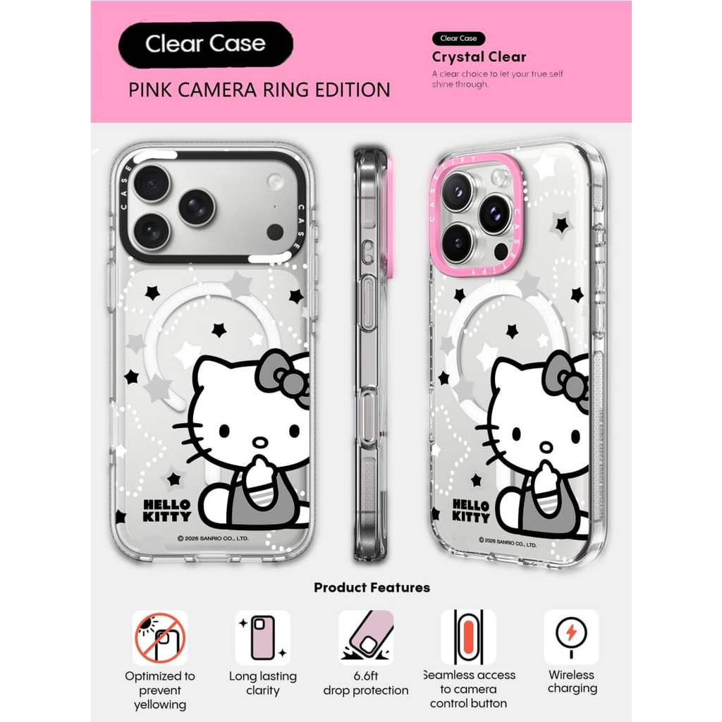 CASECASE X Hello Kitty Star Case HỒNG CAMERA RING EDITION Tác động Vỏ hút từ tính trong suốt cho iPhone 17 / 16 / 15 / 14 / 13 Pro Max Air với bao bì cao cấp