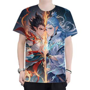 Áo cổ tròn ngắn tay in họa tiết Nezha 3D, thời trang và thoải mái cho unisex