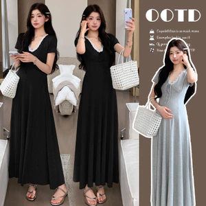Váy bà bầu mùa hè dệt kim nơ dài tay ôm vừa vặn