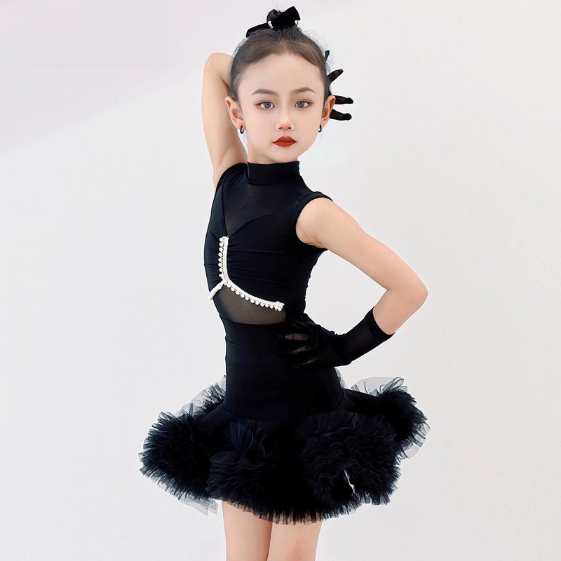✧❀✧ Chân Váy Khiêu Vũ Latin Tiêu Chuẩn Cuộc Thi Cô Gái Trang Phục Váy Cổ Cao Lưới Nối Vải Phồng