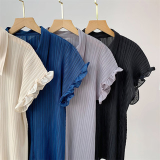 Miyake POLO Cổ Áo Sơ Mi Nữ Thiết Kế Mùa Hè Niche Loose Tính Khí Giảm Tuổi Phong Cách Phương Tây Tay Ngắn Xếp Ly
