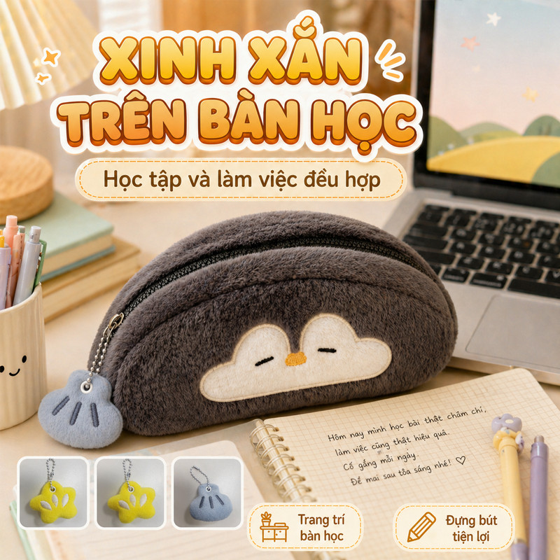 Túi Đựng Bút Hình Otter Penguin Sang Trọng - Hộp Bút Vải Mềm, Dung Tích Lớn, Quà Tặng Trở Lại Trường