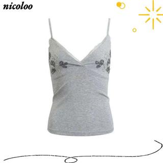 Áo hai dây ren NICOLOO, Áo cổ chữ V không tay thêu hoa, Áo hai dây đeo vai co giãn Slim Fit cho bé gái thời trang