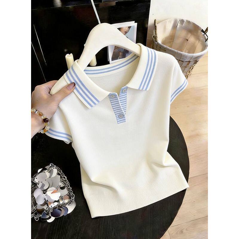 Áo thun ngắn tay cổ áo Polo phong cách mới mùa hè | Phụ Nữ Plus Size Béo mm Mỏng Hơn Nhìn Rời Màu Sắc Tương Phản Ve Áo Top, Sang Trọng Hợp Thời Trang 40-100kg Có Thể Mặc