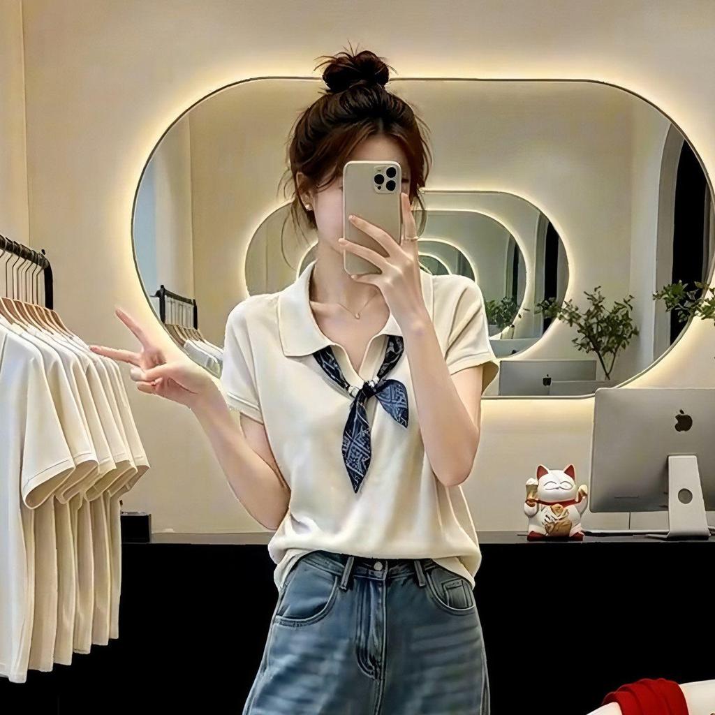 [Seckill trong thời gian có hạn] Phong cách tiền cũ phong cách Hàn Quốc cỡ lớn với khăn lụa Áo len ngắn tay mỏng dành cho nữ