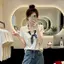 Phong cách tiền cũ phong cách Hàn Quốc cỡ lớn với khăn lụa Áo len ngắn tay mỏng dành cho nữ
