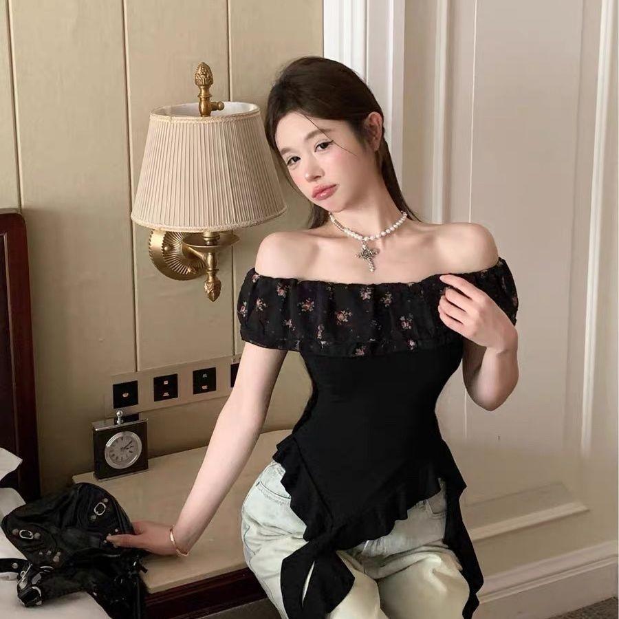 [Bán chạy nhất] Áo thun ngắn tay hoa xù không đều bán chạy dành cho nữ mùa hè Pure Desire Hot Girl một vai nhỏ Top đẹp độc đáo