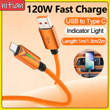 Cáp sạc nhanh 120W USB sang Type C Dây sạc ô tô 6A Cáp dữ liệu điện thoại bện Nylon có đèn báo 1M 1.5M 2M Mở rộng dây sạc nhanh cho IOS 15 16 17