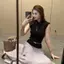 Tính khí mỏng hơn trông eo cao xếp ly xã hội Bộ đồ nữ cổ tròn dệt kim Top Váy thời trang phù hợp cho nữ