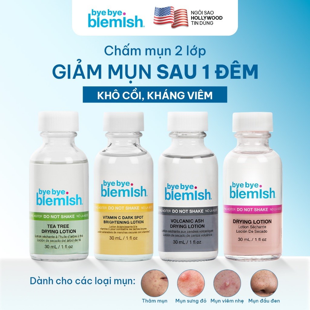 [SALE 7.7] Chấm Mụn 2 Lớp Giảm Mụn Nhanh Sau 1 Đêm Bye Bye Blemish Drying Lotion 30ml Cho Tất Cả Loại Mụn