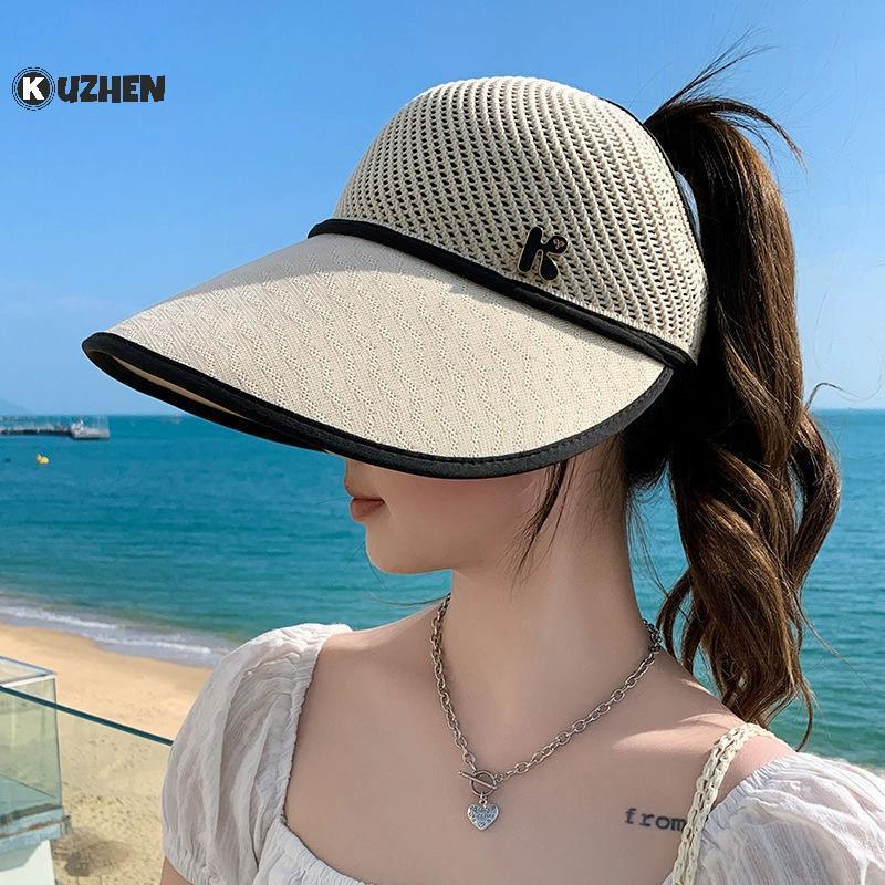 KUZHEN Mũ chống nắng ống hút rỗng cho nữ Mũ thời trang vành rộng cho mùa hè Du lịch ngoài trời và bãi biển HOT
