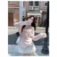 Milyfashion Loose Slimmer Look Pure Desire Pink Bowknot Cat Print Cổ áo chéo lệch vai dài-