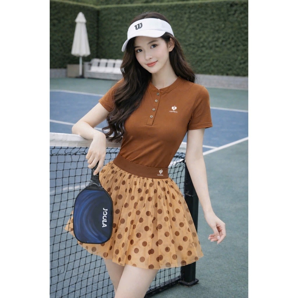 [Pickleball 26.QC1] Bộ tập Pickleball nữ,Áo cổ cúc mix Chân Váy Phối Voan Lưới Có Quần Bảo Bộ, Váy Tennis, Pickleball,..
