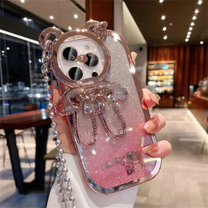 Ốp Điện Thoại Có Dây Buộc, Thiết Kế Gấu Lấp Lánh, Tương Thích Với iPhone 16 Pro Max, 11, 12, 13, 14, 15, Pro Max và 16 Plus, Ốp TPU Mềm, Mạ Gradient