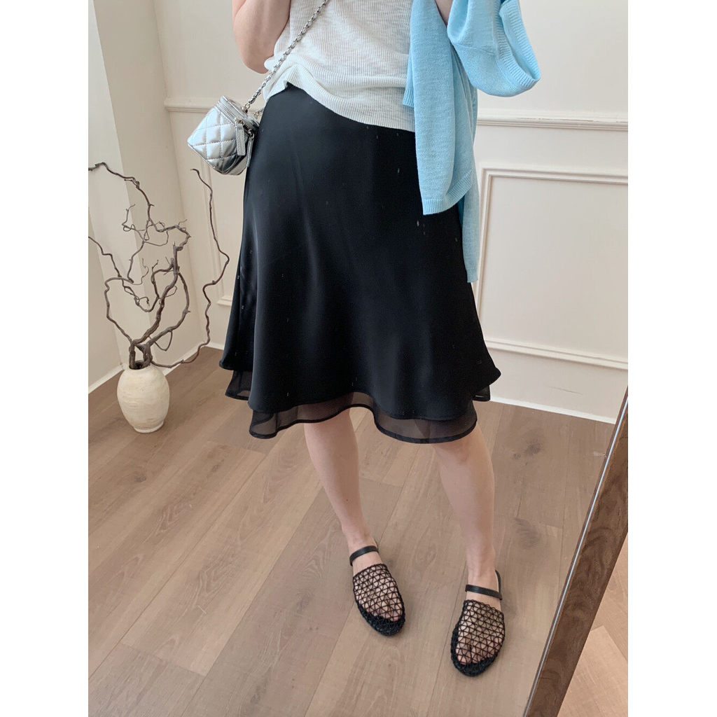 SUXI Váy chấm bi hai lớp Satin chấm bi phong cách Hàn Quốc nhẹ nhàng dành cho nữ mùa hè mới 260509