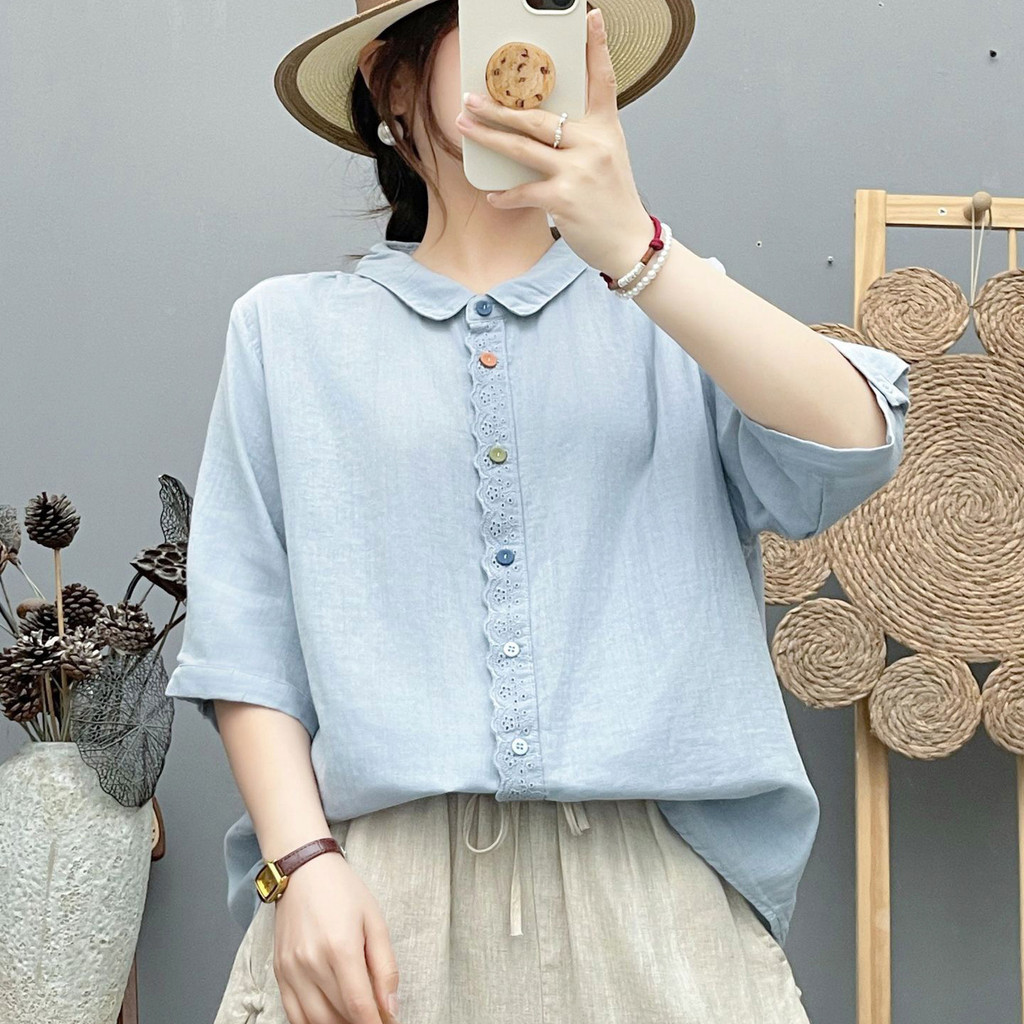 Áo Sơ Mi Nữ Sợi Cotton Cao Cấp Mùa Hè Pháp Văn Học, Ren Placket, Nút Màu, Tay Năm Điểm