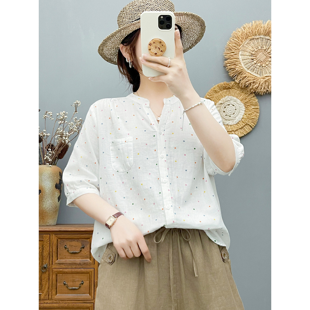 [Hàng có sẵn] Áo sơ mi nữ Cotton chấm bi mùa hè tay áo vừa mềm mại