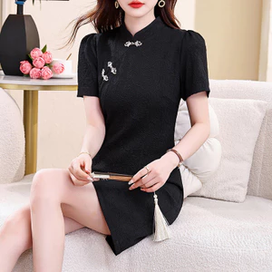 Đầm retro plus size phong cách Trung Quốc, tay ngắn, khóa kim loại cao cấp - phù hợp mùa hè