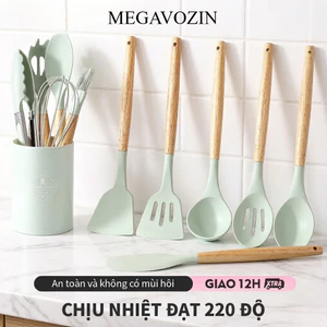 Bộ 12 món đồ dùng nhà bếp bằng silicon MEGAVOZIN, tay cầm bằng gỗ sồi tự nhiên, chịu nhiệt tốt nấu ăn chống dính làm bánh dễ dàng vệ sinh
