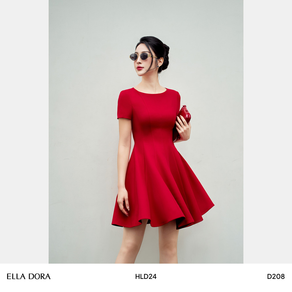 Đầm ngắn nữ ELLA DORA dáng xòe cổ tròn thiết kế thanh lịch tinh tế hai màu ĐỎ/GHI [D208]