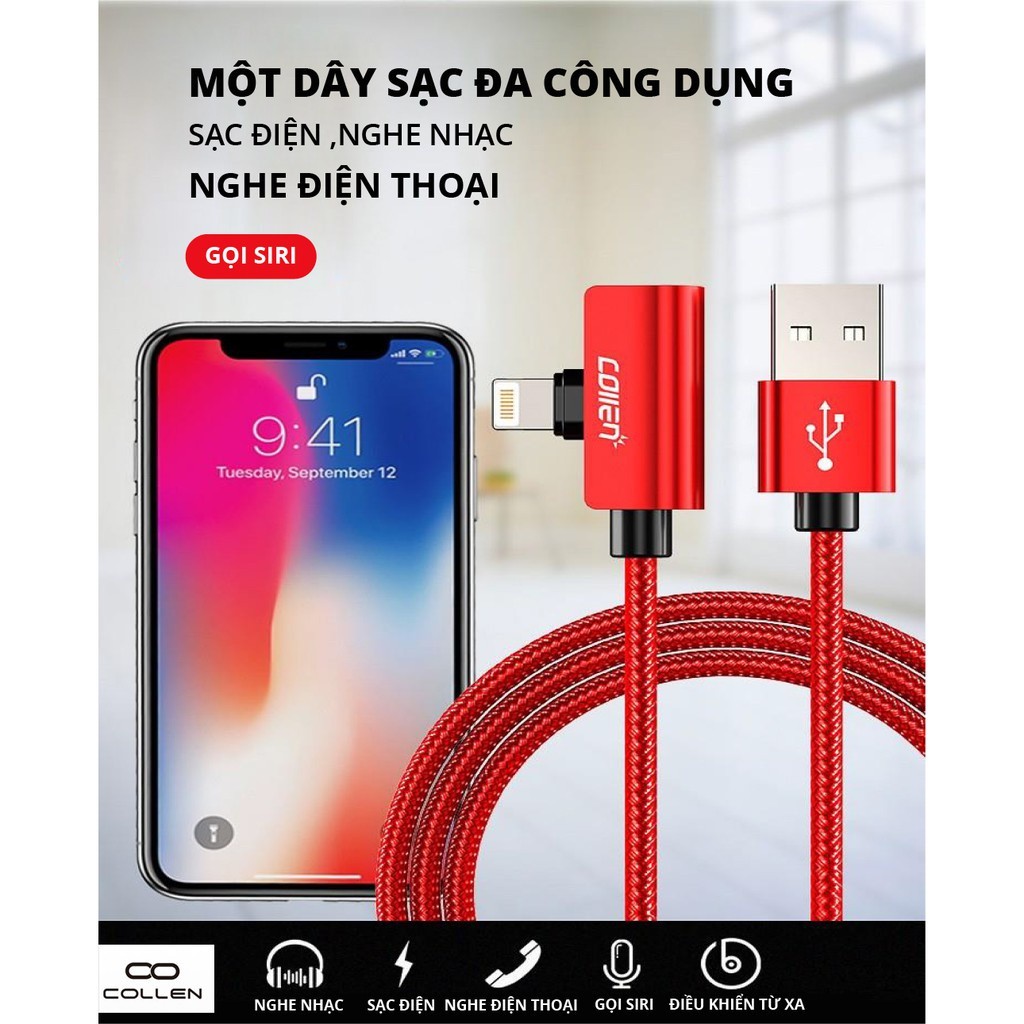 Cáp Sạc Nhanh Collen, Tích Hợp Tai Nghe Đầu Ngang Gaming, Chống Đứt, Chống Rối, dành cho iPhone