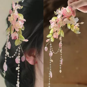 Mũ Hanfu màu đào phong cách Trung Quốc với tua rua thủy tinh và thiết kế cổ điển phù hợp khiêu vũ