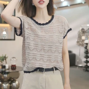 Áo len dệt kim thoáng mát dành cho nữ, cổ tròn ngắn tay, thời trang và đơn giản