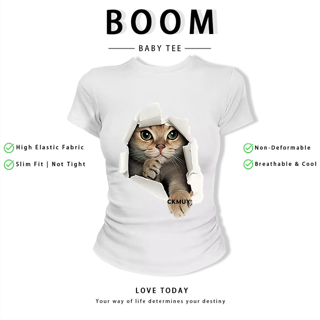 BOOM Áo Baby Tee Nữ Cotton Ôm Body-Áo Thun Ngắn Tay Y2K In Hình PhongCách Mùa Hè, Cổ Tròn Hàng Đầucách hàn quốc phongM07