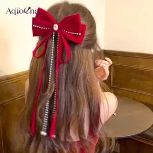 AqToCna Thanh Lịch Đỏ Nhung Nơ Dài sel Kẹp Tóc Nữ Cưới Mũ Đội Đầu Phụ Kiện Tóc AqToCna