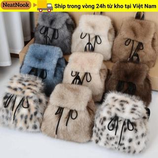 Ba lô sang trọng NEATNOOK, Túi lông tơ da báo dây rút nhỏ, Ba lô lông cừu mềm mại dễ thương Mùa đông ấm áp