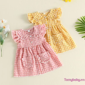 Đầm bé gái tay bay cổ búp bê kẻ sọc in nút phía trước Váy chữ A có túi