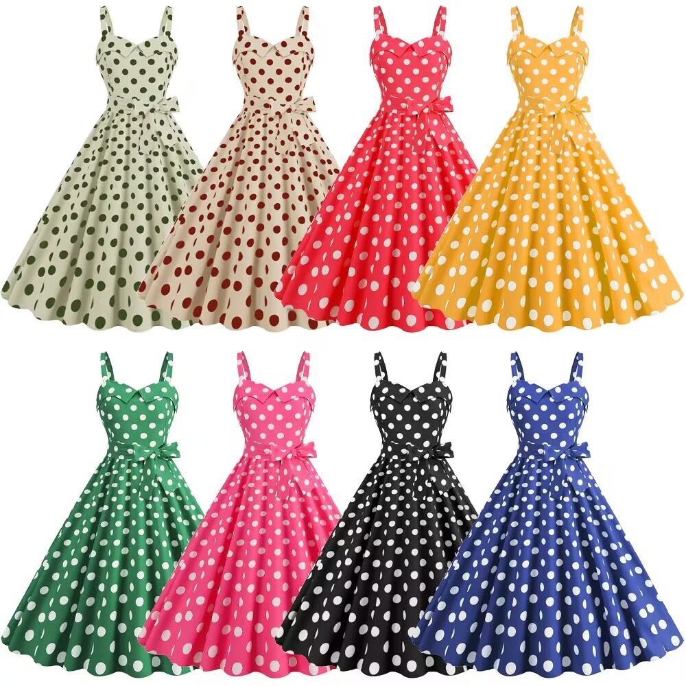 Phụ Nữ Thanh Lịch Màu Hồng Chấm Bi Đầm Mùa Hè Áo Hepburn Vintage Gợi Cảm Retro Đảng Váy Vestido