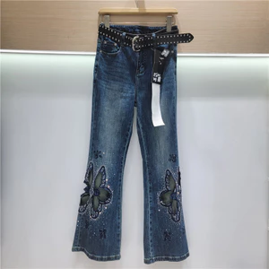 Rỗng Nóng Kim Cương Giả Denim Micro-Fleece Quần Nữ Mùa Xuân Mùa Hè Phong Cách Mới Cao Cấp Ôm Vừa Vặn Ôm Hơn Nhìn Hàng Châu Âu Quần Đau Khổ
