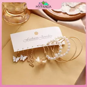 MYPANDA 5 Đôi Thời Trang Lớn Màu Bạc Tròn Vòng Tròn Ngọc Trai Vòng Bông Tai Cho Bé Gái Rắn Bướm Tòn Ten Bông Tai Nữ Trang Sức.