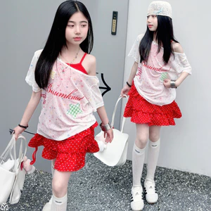 Váy chấm bi màu đỏ cho bé gái Phiên bản Hàn Quốc Mùa hè Phong cách mới cho trẻ em Váy ngắn ren thời trang eo cao