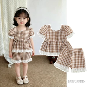 6M-4Y Bé Gái Mùa Hè 2 Bộ Trang Phục Puff Tay Cổ Vuông Kẻ Sọc Ngọt Ngào Peplum Áo Đèn Lồng Quần Short Bộ