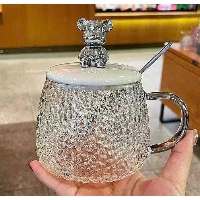 3345 Combo 2 Ly Hút Thủy Tinh 400ml Nắp Gấu Siêu Cute – Cốc Uống Cà Phê, Nước Ép Kèm Thìa, Dùng Cho Văn Phòng & Gia Đình