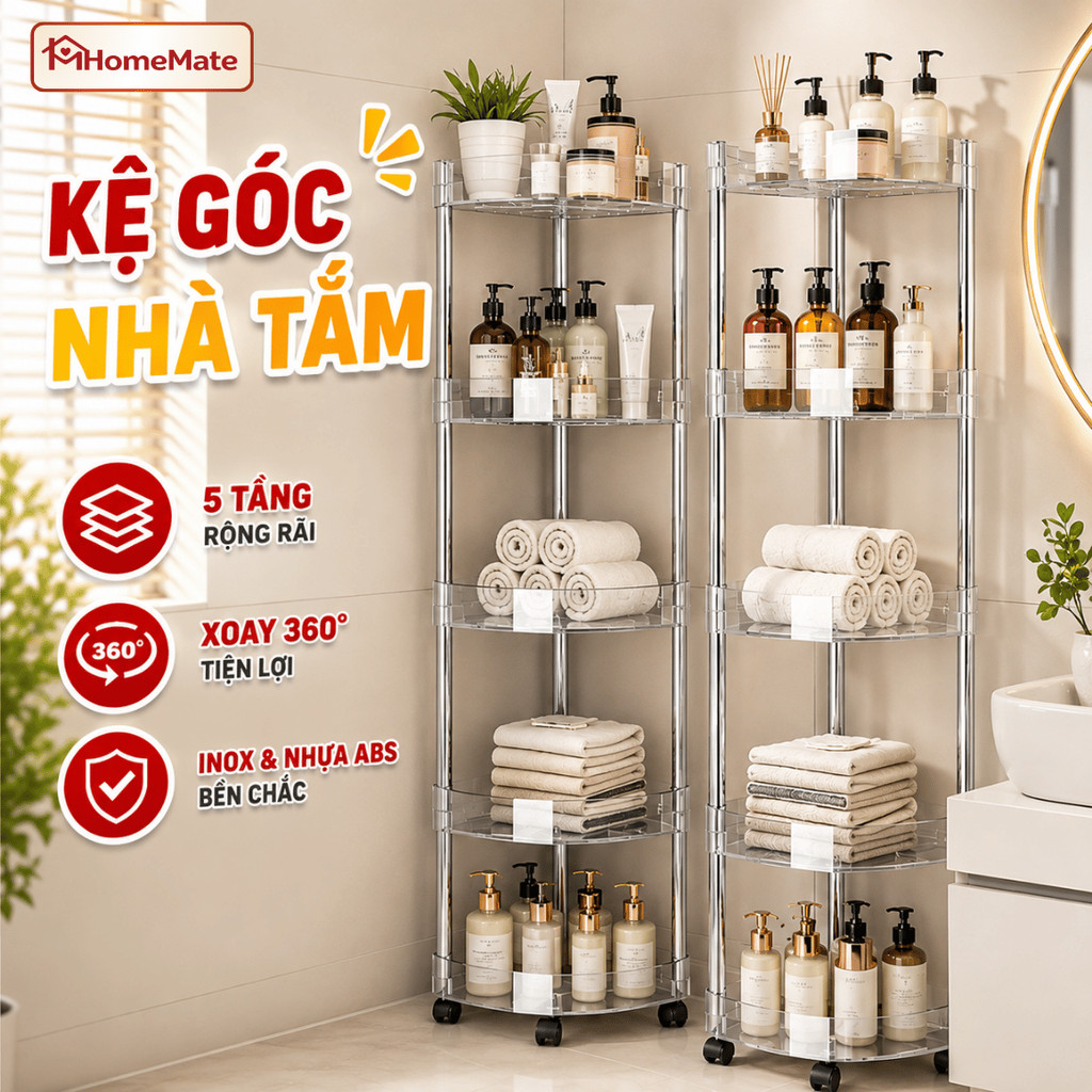 Kệ Góc Nhà Tắm Trong Suốt HomeMate Có Bánh Xe – Giá Để Đồ Nhà Tắm 3/4/5 Tầng Thoát Nước, Kệ Góc Tiết Kiệm Diện Tích