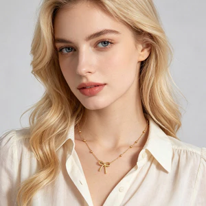 Vòng cổ nơ vàng nữ - Mạ vàng 18K bằng thép không gỉ - 3 kiểu không gây dị ứng (Nơ / Liên kết / Thư) Dây chuyền đính cườm