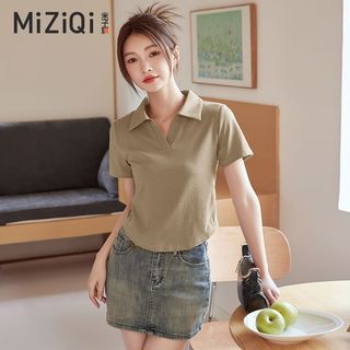 【Nên mua】áo kiểu nữ polo tay ngắn trơn dáng ngắn, cổ V chất cotton mềm, áo thun nữ nhiều màu