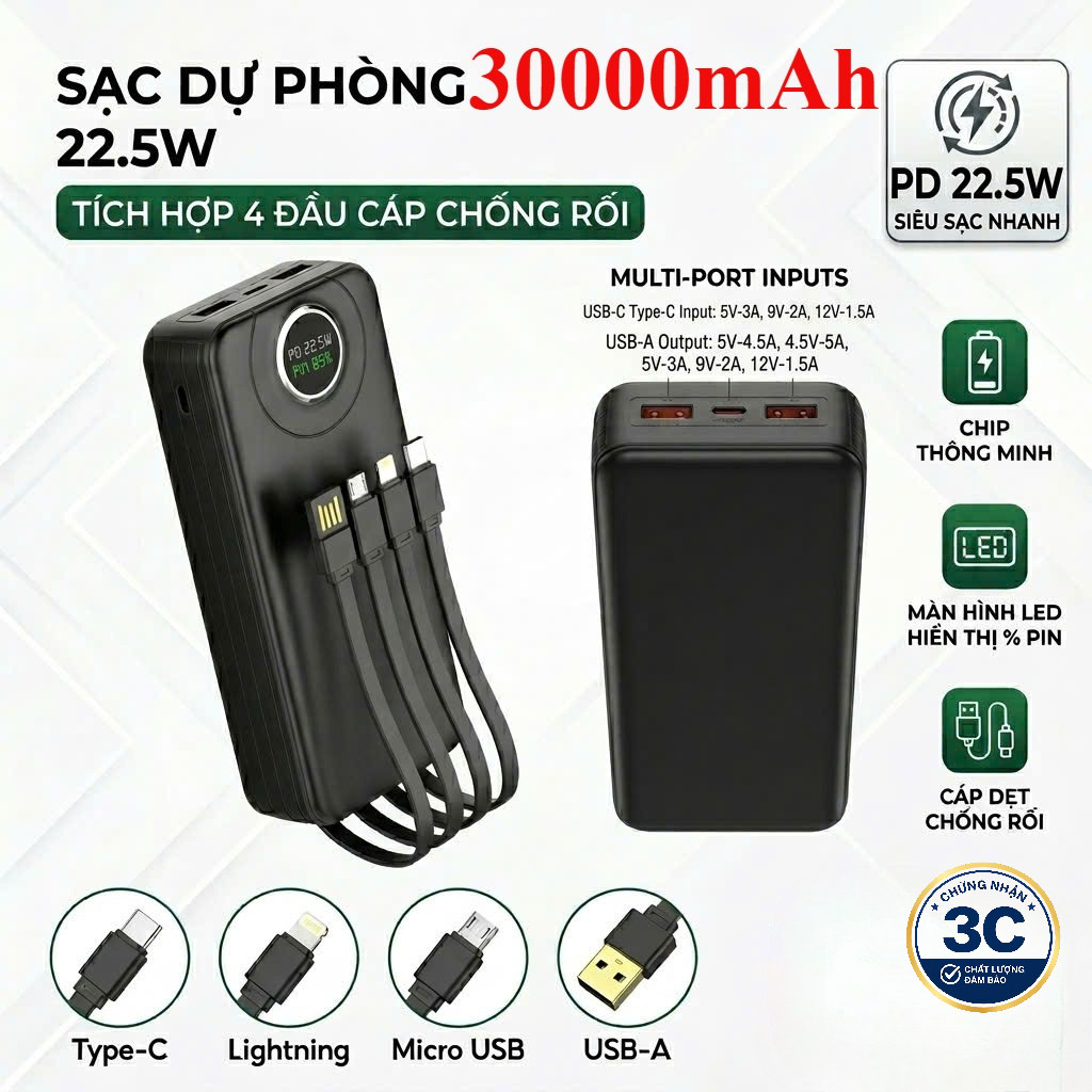 Pin Dự Phòng 30000mAh Sạc Nhanh PD 20W / 22.5W Chứng Nhận 3C Tích Hợp 4 Dây Cáp Sạc Tiện Lợi Màn Hình LED Hiện Thị Pin