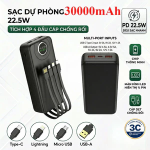 Pin Dự Phòng 30000mAh Sạc Nhanh PD 20W / 22.5W Chứng Nhận 3C Tích Hợp 4 Dây Cáp Sạc Tiện Lợi Màn Hình LED Hiện Thị Pin