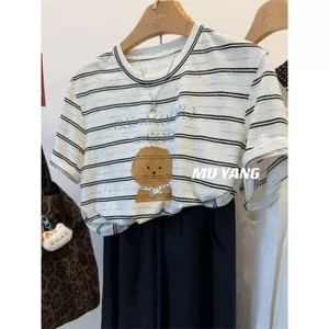 Áo Thun Ngắn Tay Phù Hợp Mùa Hè Cho Nữ, Họa Tiết Chó Con Và Sọc, Cổ Tròn, Plus Size