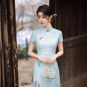 Đầm sườn xám Jacquard màu xanh lá cây cho bé gái, phù hợp mặc mỗi ngày