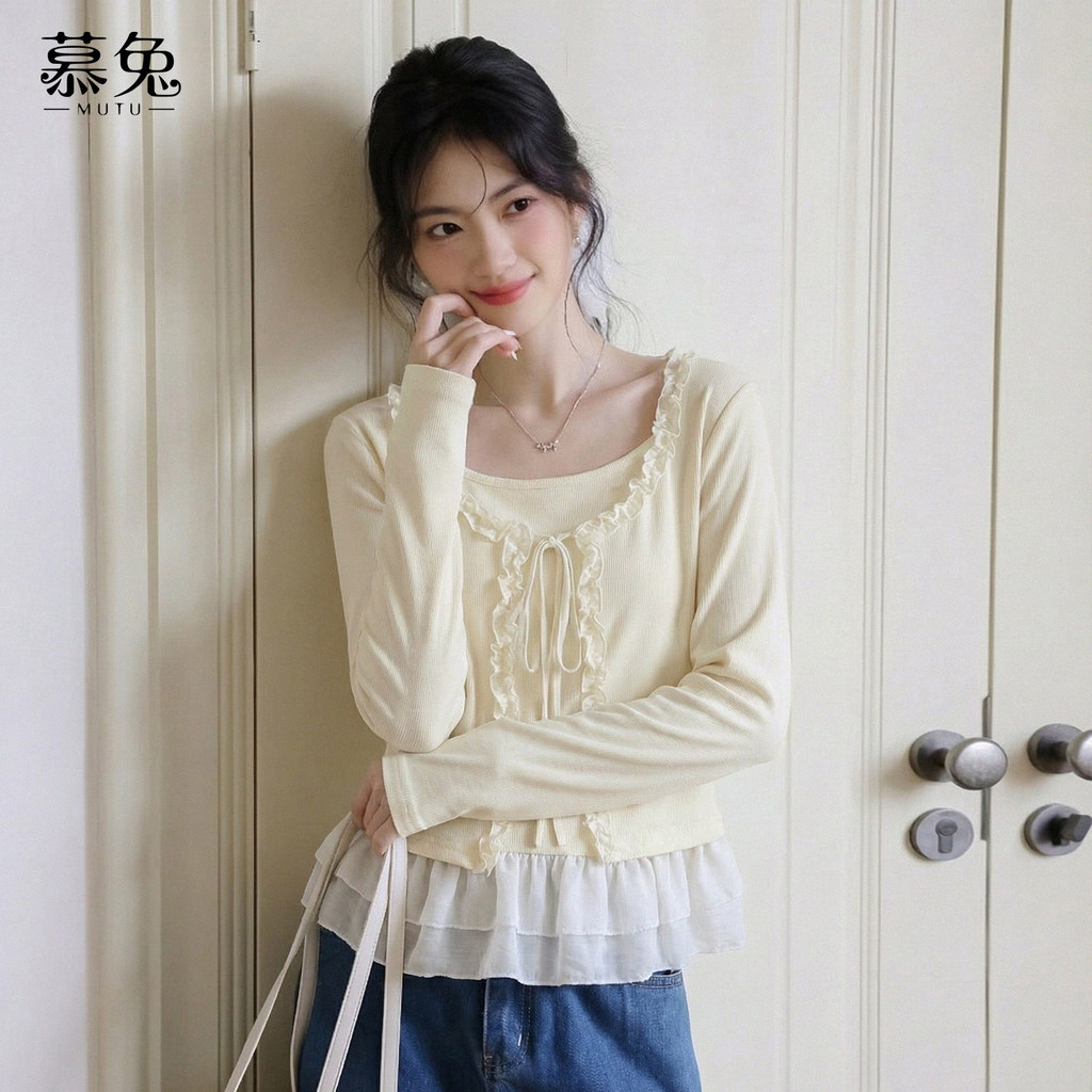 Mutu Phong Cách Nhẹ Nhàng Khâu Giả Hai Mảnh Áo Thun Dài Tay Nữ 2026 Mùa Xuân Phong Cách Mới Thiết Kế Niche Loose Top