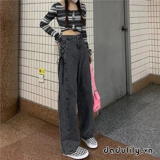 DADULILY Quần Bò Cạp Cao Thắt Dây HOT GIRL Quần Ống Rộng Tôn Dáng Gầy Ống Đứng Cho Nữ