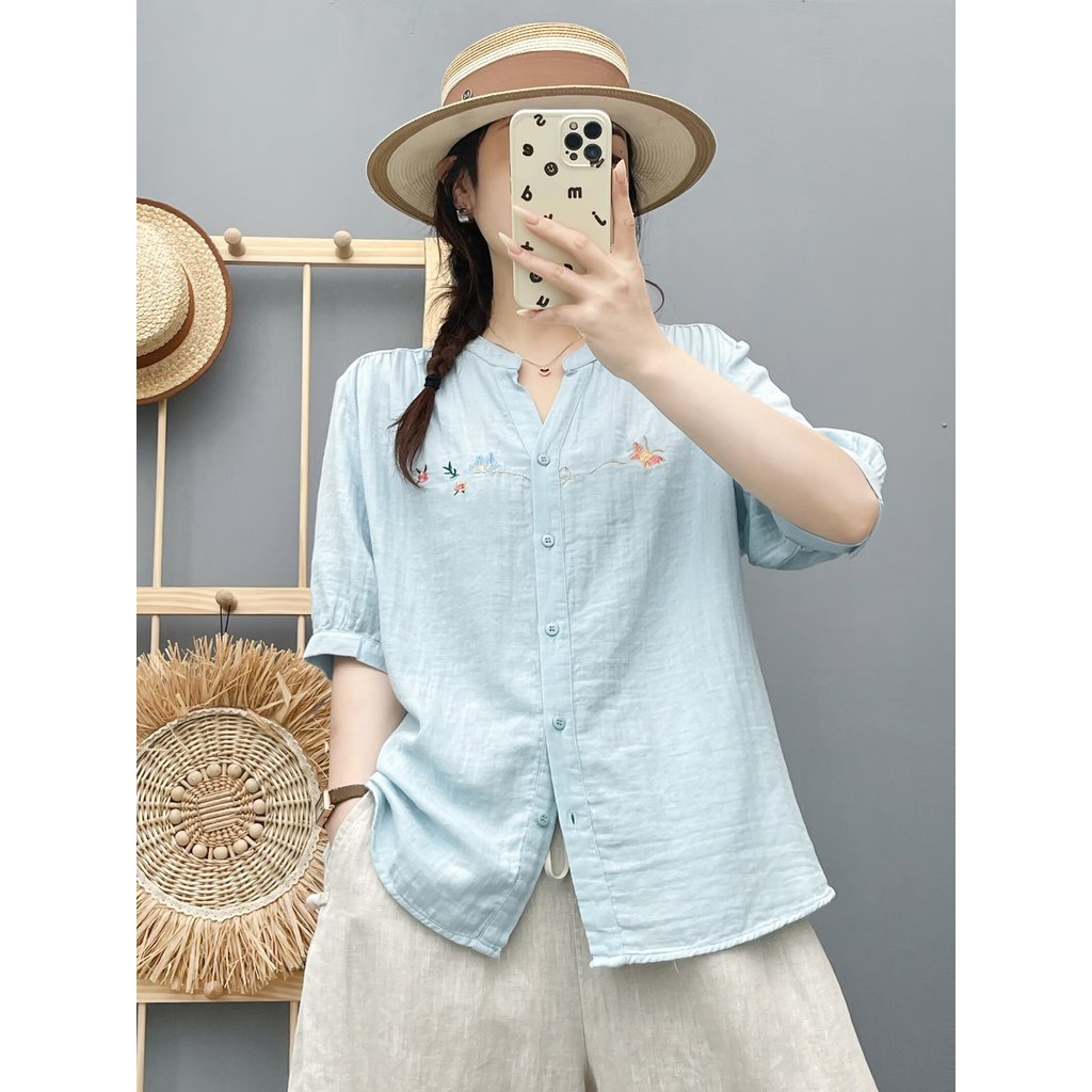 [Hàng có sẵn] Áo sơ mi nữ 100% Cotton chất lượng cao Mùa hè Áo sơ mi dài tay đa năng tay năm phần tư