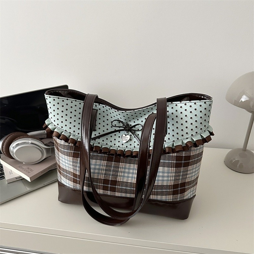 Túi tote to vải Canvas kẻ sọc ren, chắp vá chấm bi dung tích lớn, xanh lá cây cổ điển, đeo nách