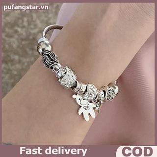 Pufangstar Cổ Đính Hạt Charm Vòng Tay Gấu Mặt Dây Chuyền Trái Tim Tình Yêu Có Thể Điều Chỉnh Vòng Tay Lắc Tay Nữ DIY Trang Sức Quà Tặng VN
